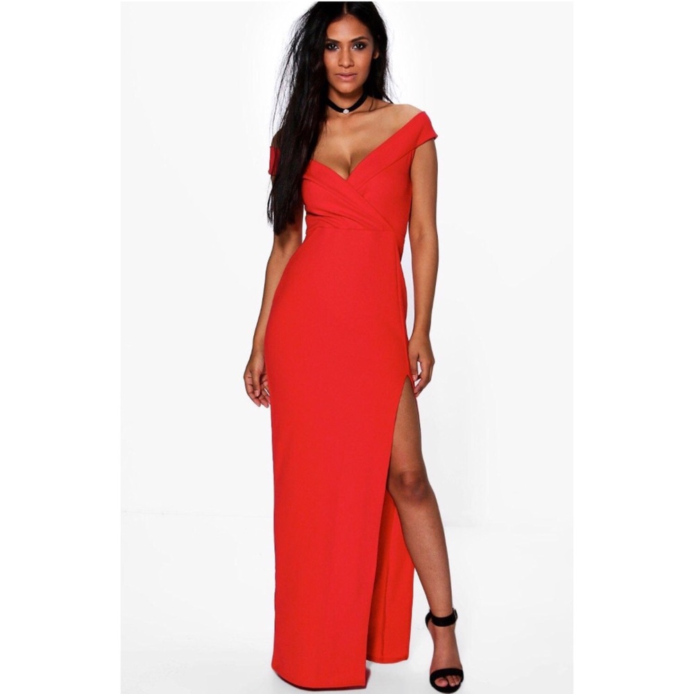 Red long off the shoulder dress