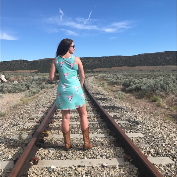 << Steer Skull Mint Boho Chic Country Dress >> - Picture 3 of 5