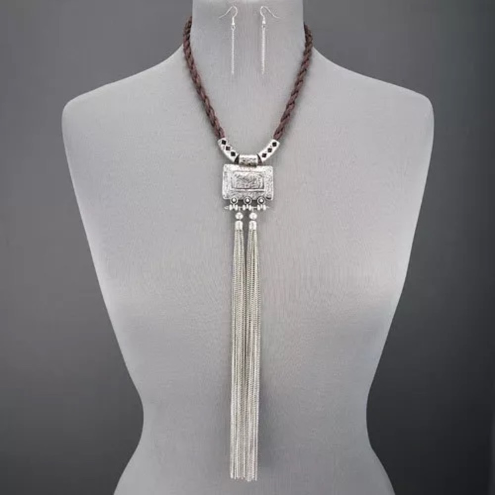 Boho brown leather w/silver chain & tassel set FP