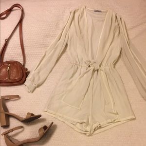 Tobi Deep V Tie-Front Romper- White