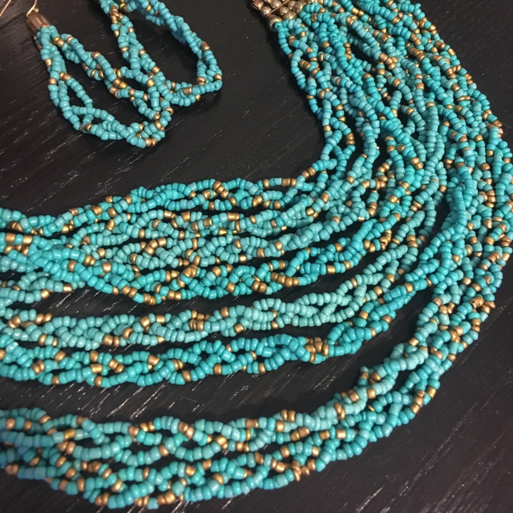 Turquoise and Gold Beaded Necklace and Earrings