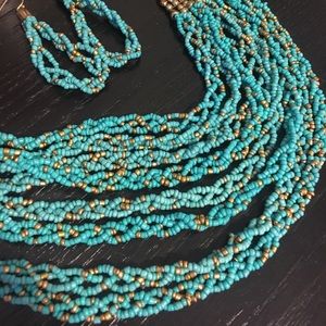 Turquoise and Gold Beaded Necklace and Earrings