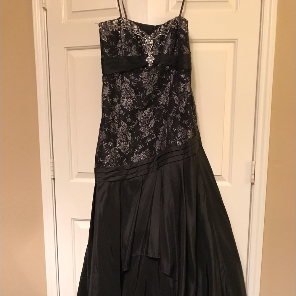 Full length black gown with silver trim