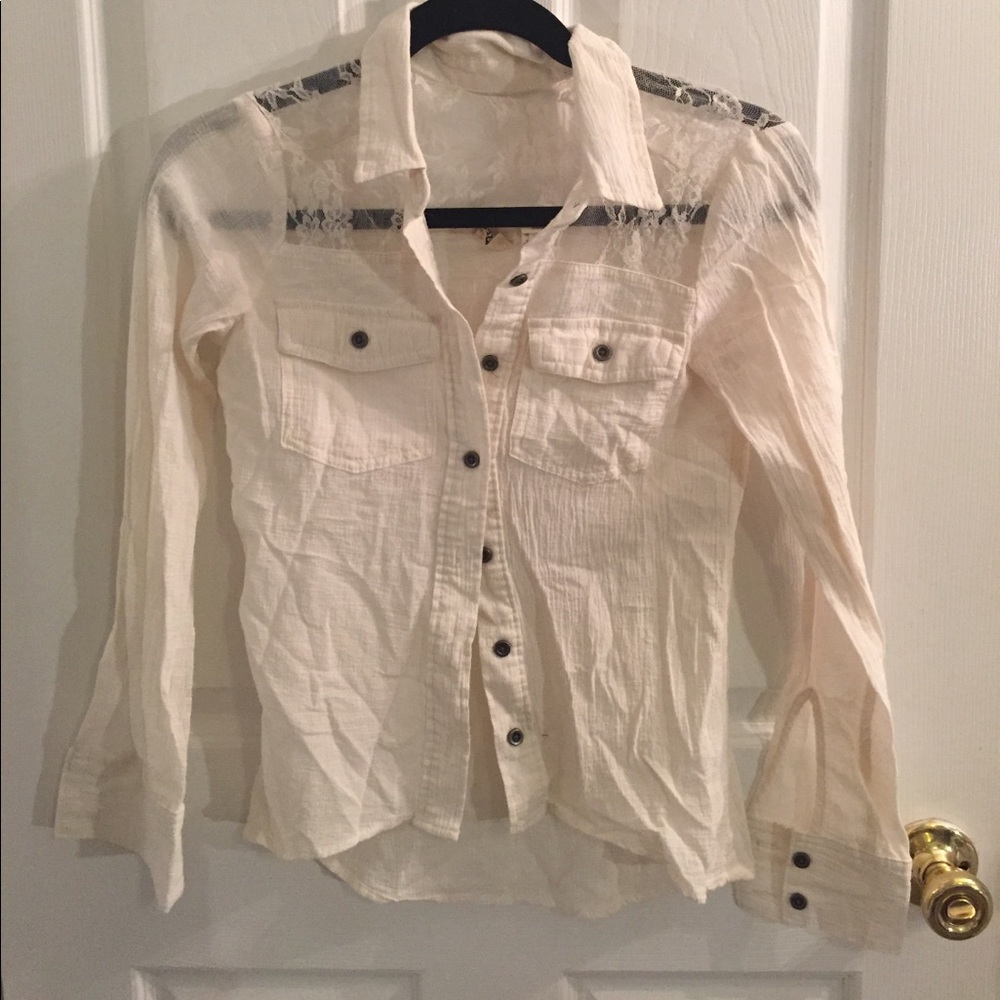 Off white sheer lace button up
