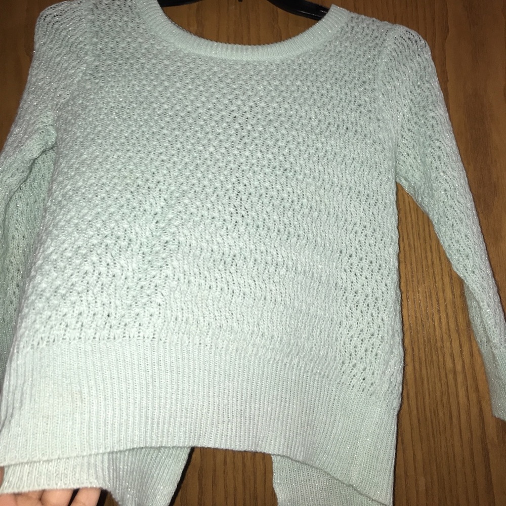 Aqua sweater, beautiful back