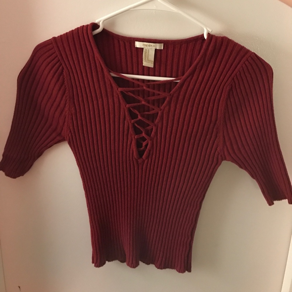 ❤ Red Ribbed Lace Up Top ❤ - Picture 2 of 2