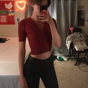 ❤ Red Ribbed Lace Up Top ❤
