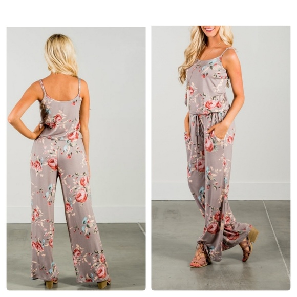 🎈LAST 1 (SIZE XL)🎈REDUCED:: Tan Floral Jumpsuit - Picture 2 of 5