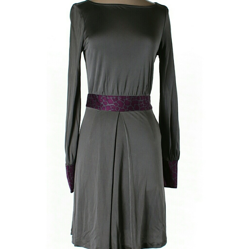 Josh Brody designer silk dress with purple details around waist & wrists