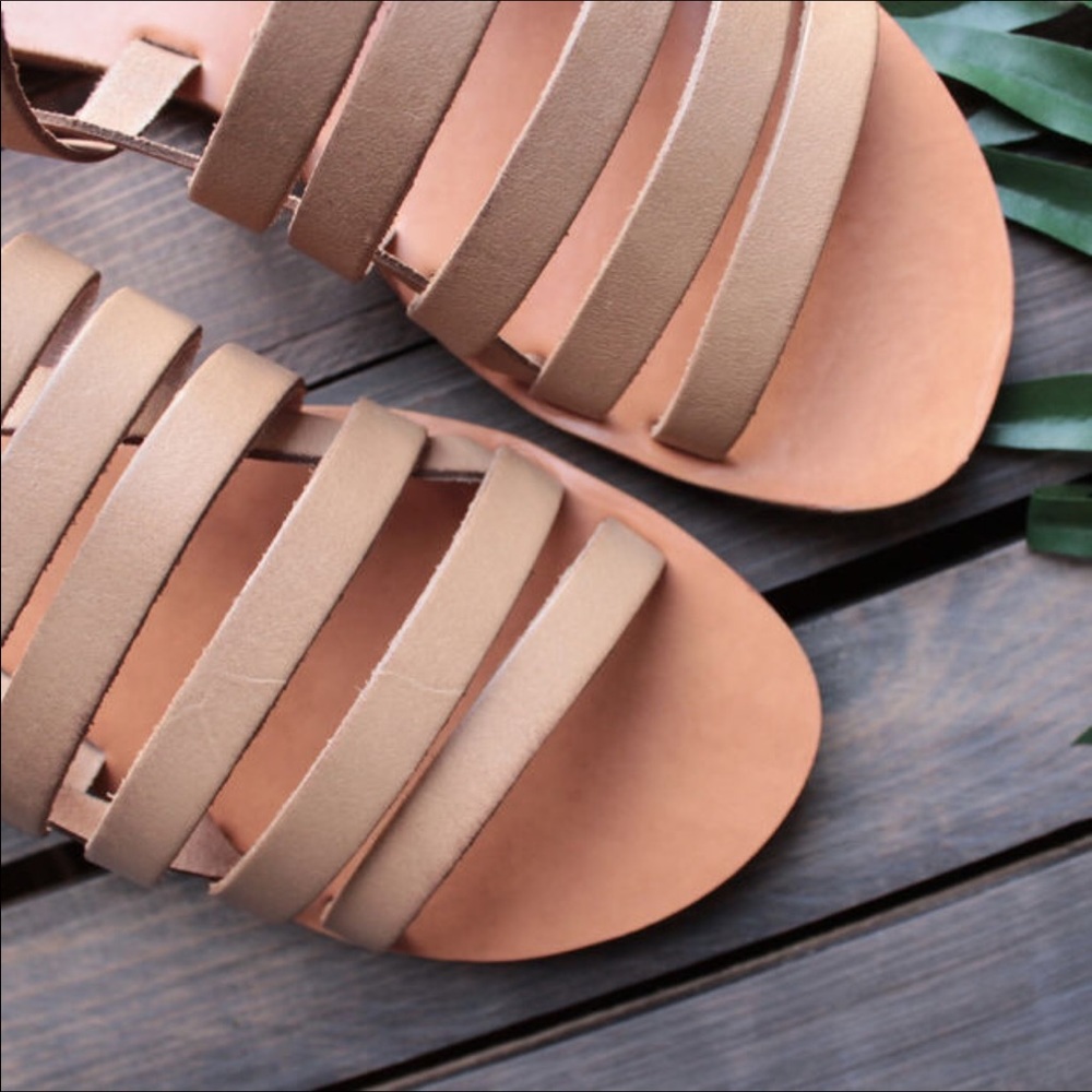 Leather Nude Boho Chic Strappy Gladiator Sandals - Picture 4 of 8