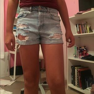 Distressed high waisted denim shorts