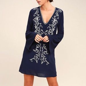Lulu's NAVY BLUE EMBROIDERED LONG SLEEVE DRESS