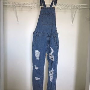Forever 21 brand blue distressed denim overalls