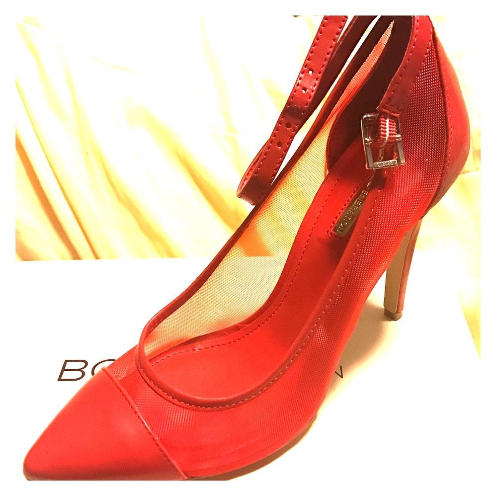 Red mesh front leather BCBG heels