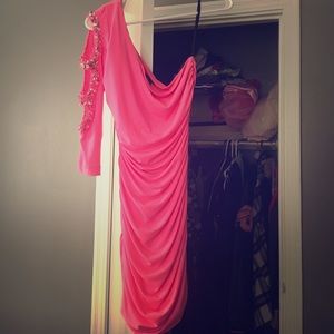 One sleeved pink Jodi Kristopher dress