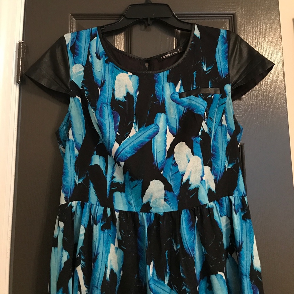 Kensie Feather Print Leather Accent Mini Dress