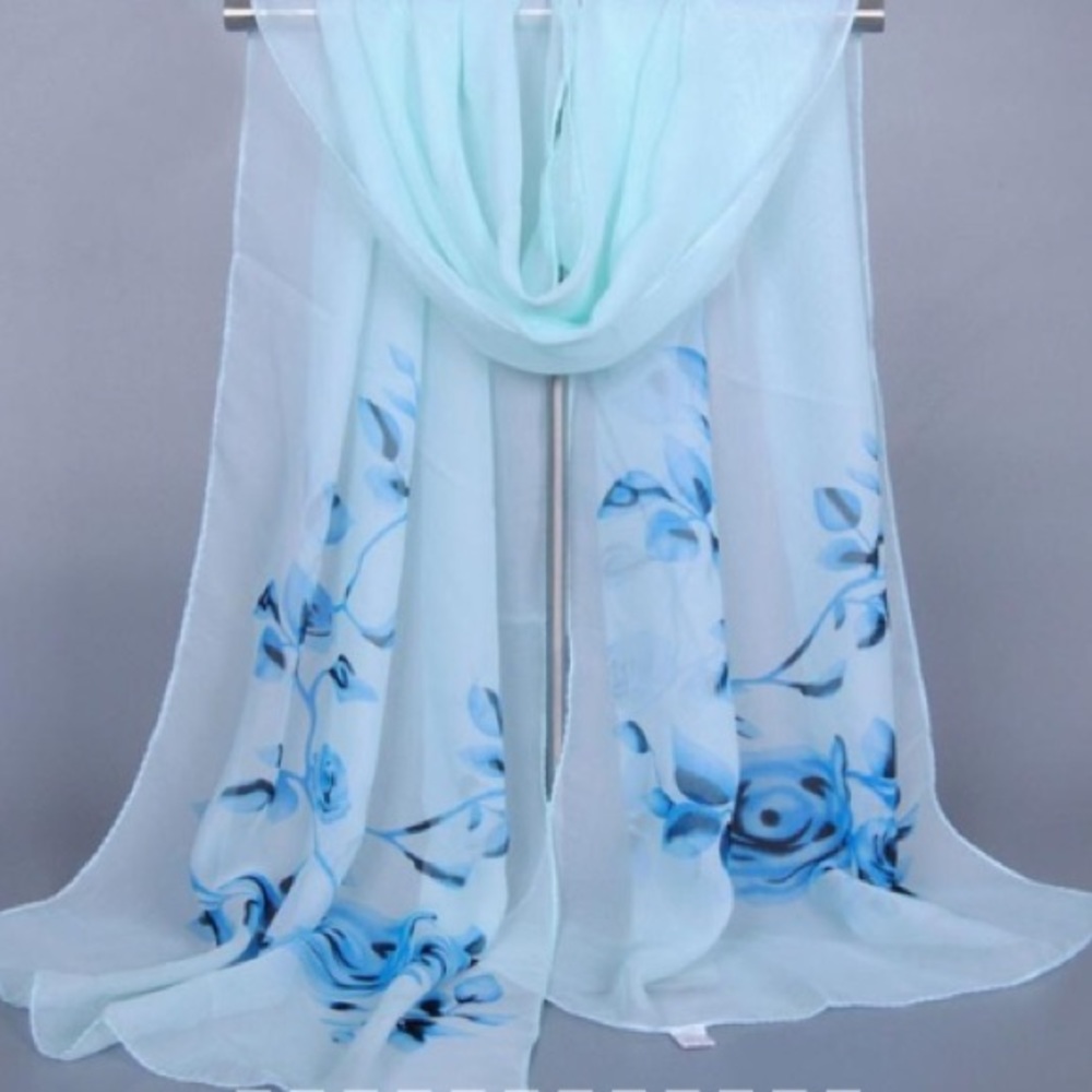 Beautiful Blue & White Floral Print Chiffon Scarf