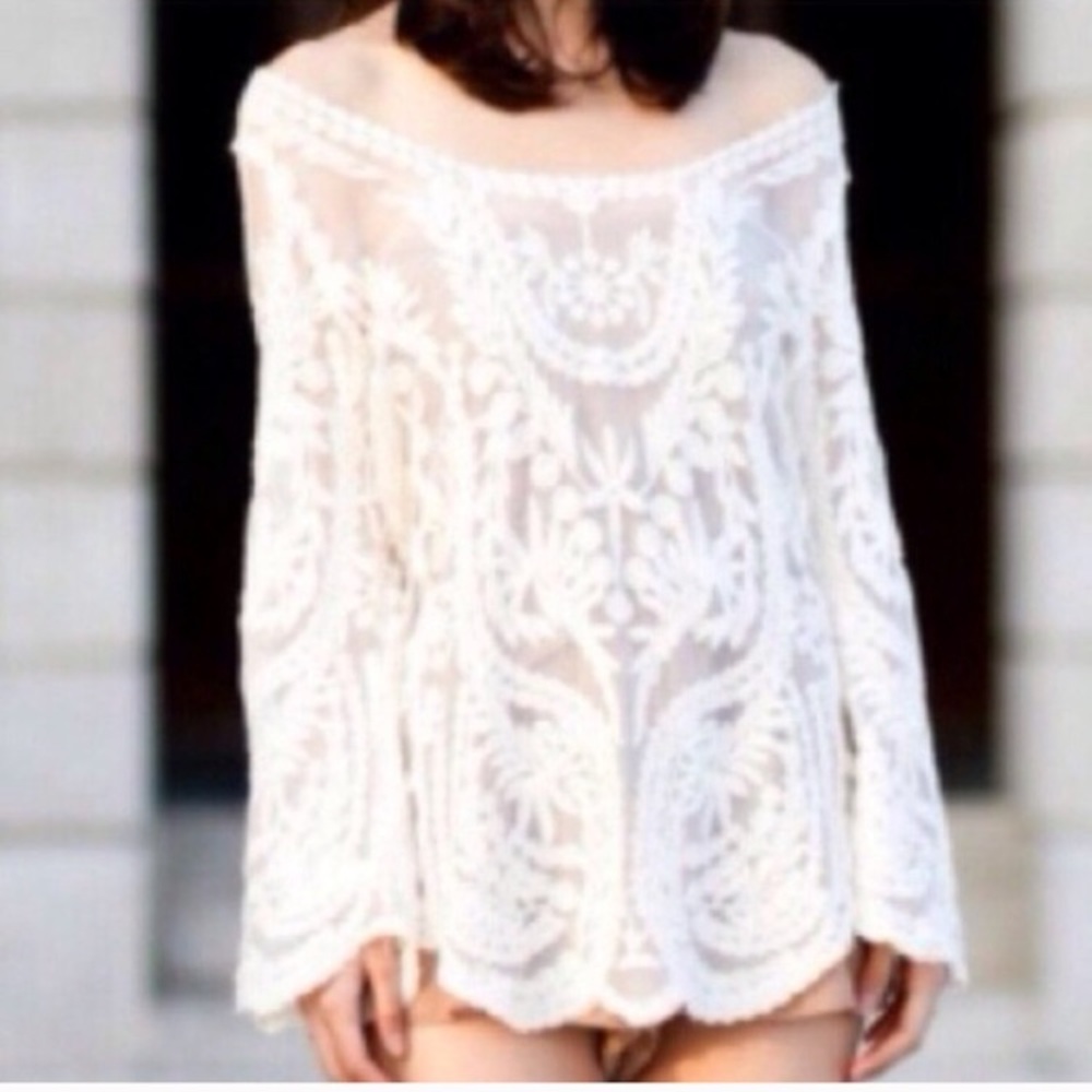 🎀NEW🎀 White Sheer Lace Crochet Loose Top - Picture 1 of 5