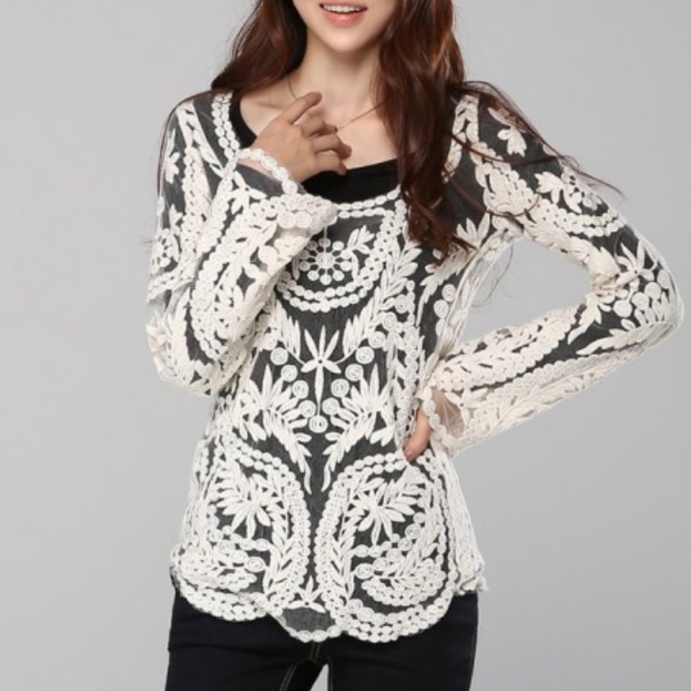 🎀NEW🎀 White Sheer Lace Crochet Loose Top - Picture 2 of 5