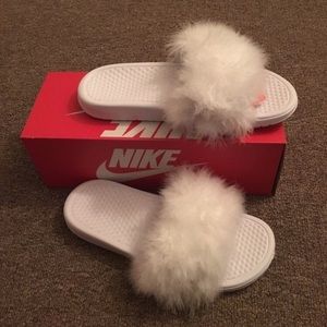 White Nike Fur Slides
