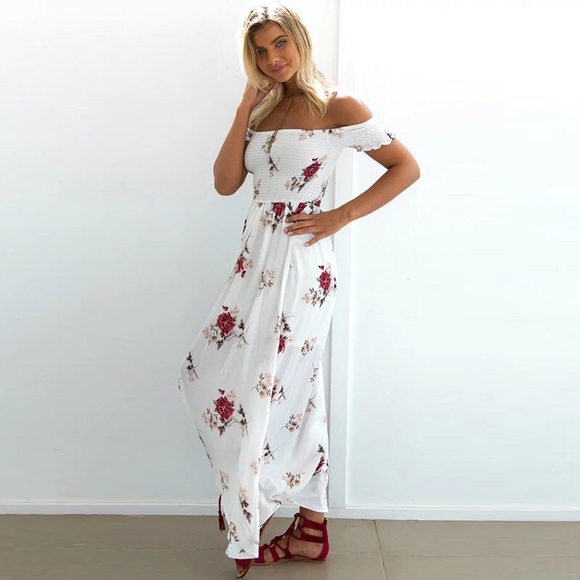 Rose Floral Off Shoulder Smocked Maxi Dress - Picture 3 of 5