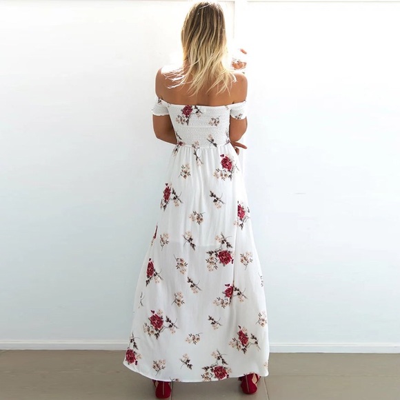 Rose Floral Off Shoulder Smocked Maxi Dress - Picture 2 of 5