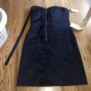 Blue strapless mini dress with ruffle