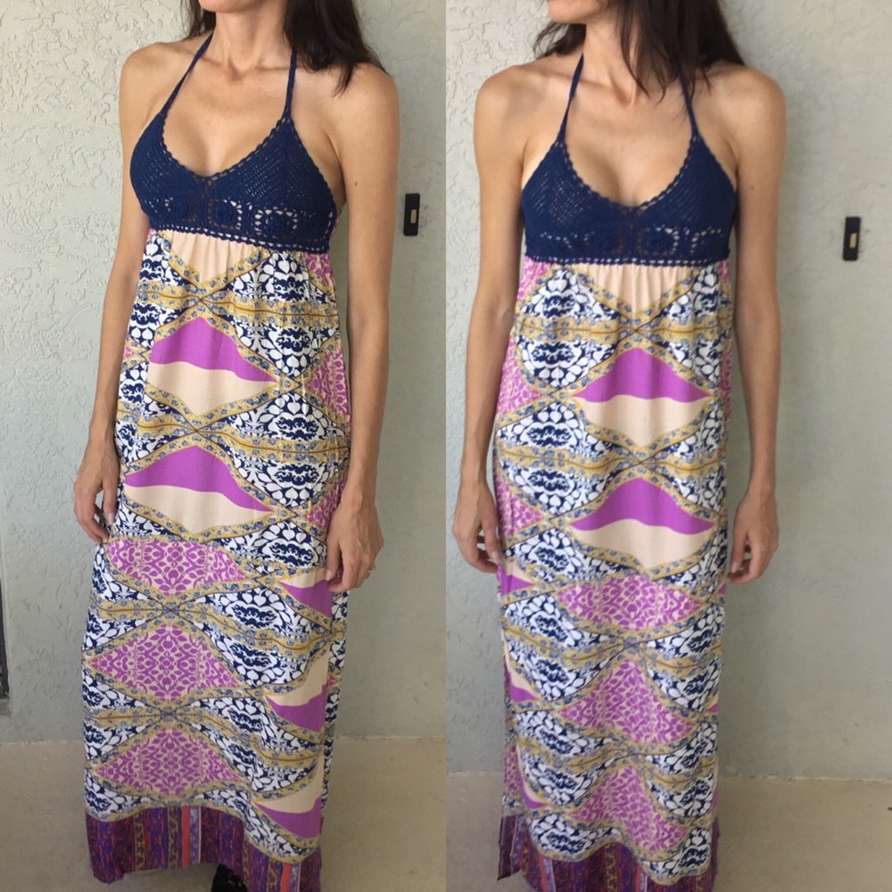 Bohemian Blue Crochet Maxi Dress - Picture 2 of 4