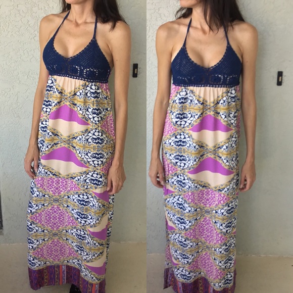 Bohemian Blue Crochet Maxi Dress - Picture 2 of 4