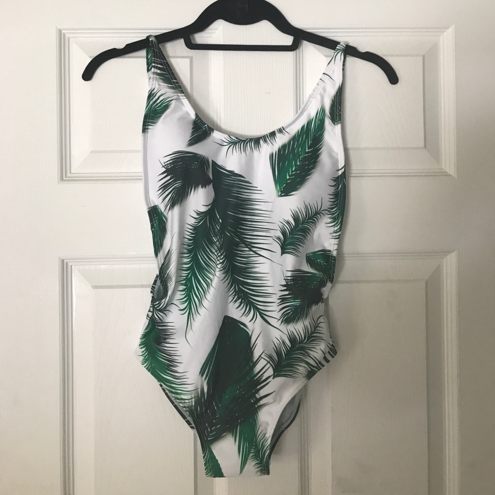 One Piece Bathing Suit- White w/ Green Palm Leaves