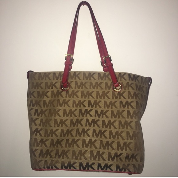 Michael Kors Handbags - AUTHENTIC SIGNATURE JACQUARD MK TOTE RED TRIM
