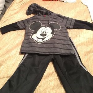 Mickey Mouse hooded shirt and sweat pants.