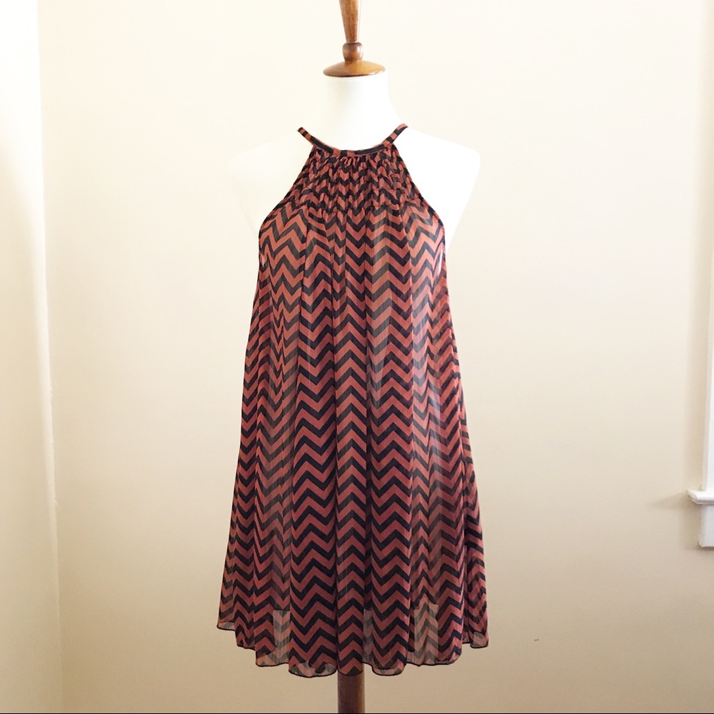 Zig Zag Striped Sleeveless Sheer Shirt Dress