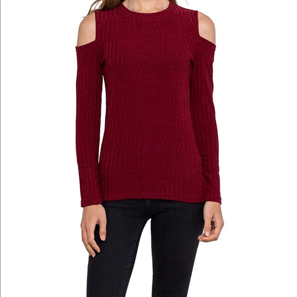 Knitted Cold Shoulder Top - Burgundy