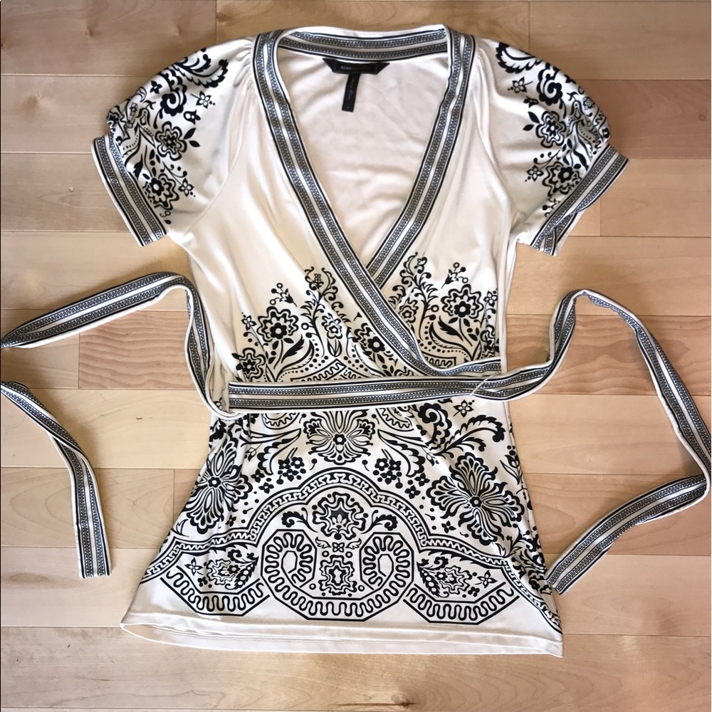 BCBGMAXAZRIA Ivory/Black Wrap Blouse