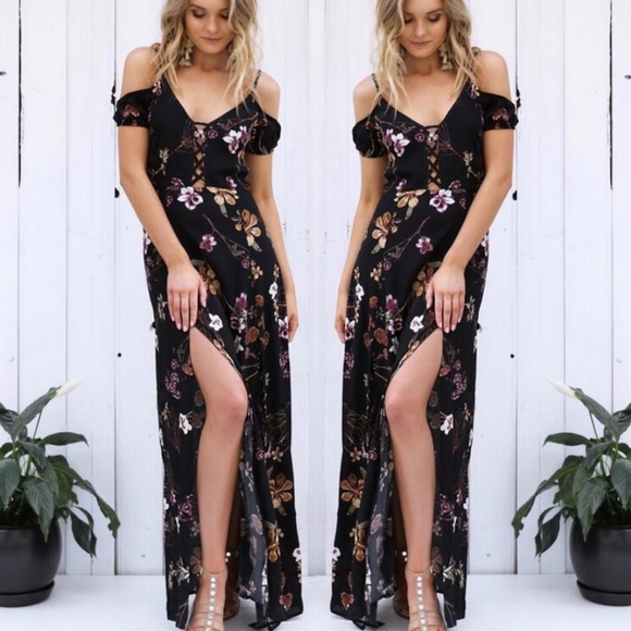 BLACK FLORAL BOHO OPEN SHOULDER SLIT MAXI DRESS S - Picture 2 of 4