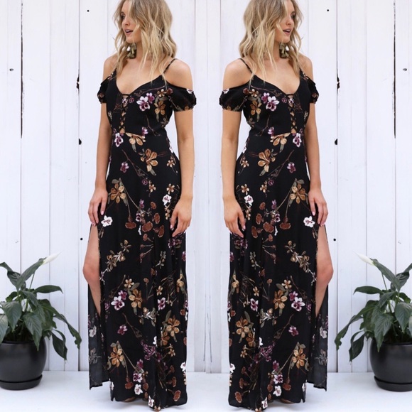 BLACK FLORAL BOHO OPEN SHOULDER SLIT MAXI DRESS S - Picture 3 of 4