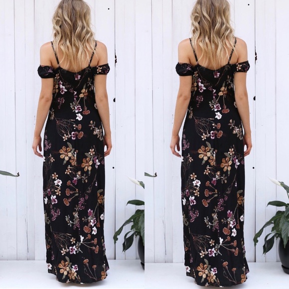 BLACK FLORAL BOHO OPEN SHOULDER SLIT MAXI DRESS S - Picture 4 of 4