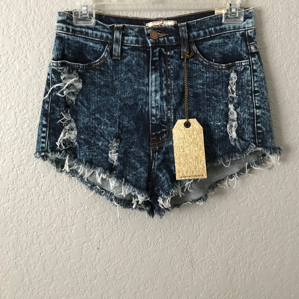 Distressed, dark acid wash high-waisted shorts