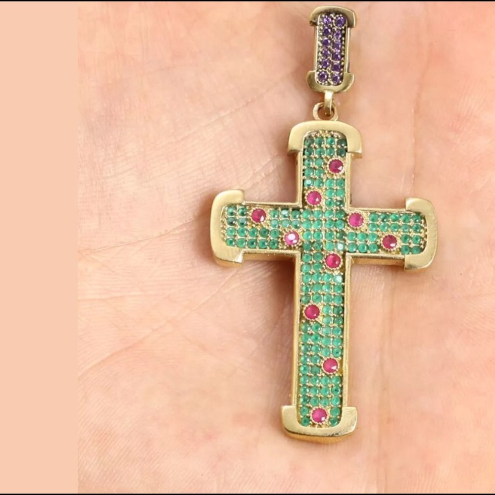 Cross handmade Emerald, Ruby, Amethyst.925 silver