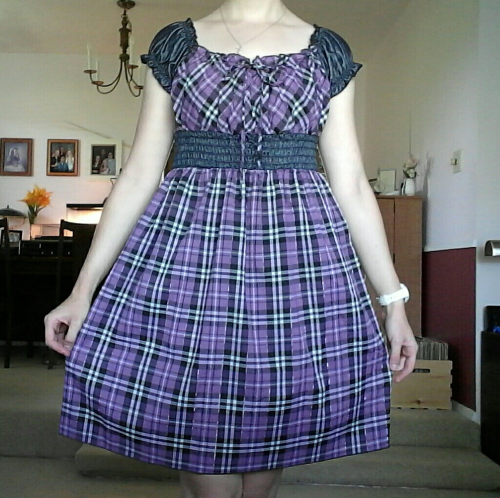 Purple, black, and white plaid cap sleeve sundress