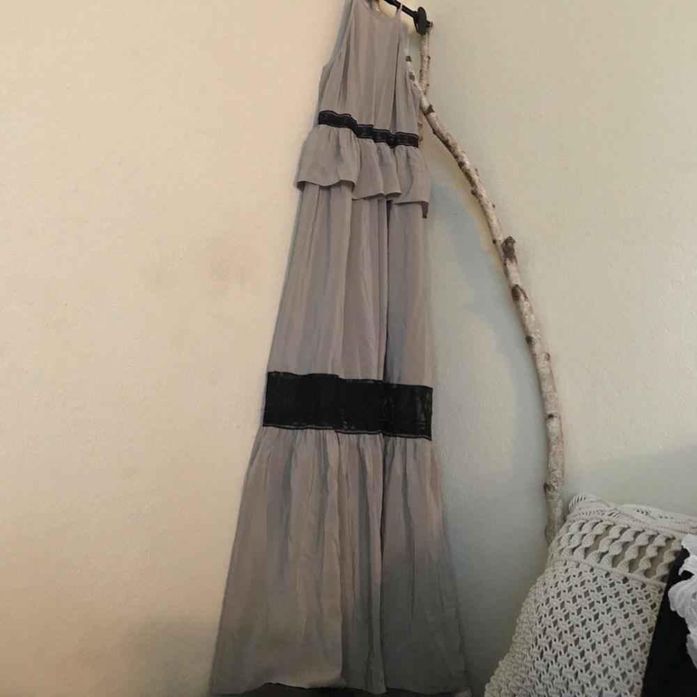 Cosette Grey Silk black lace long maxi dress