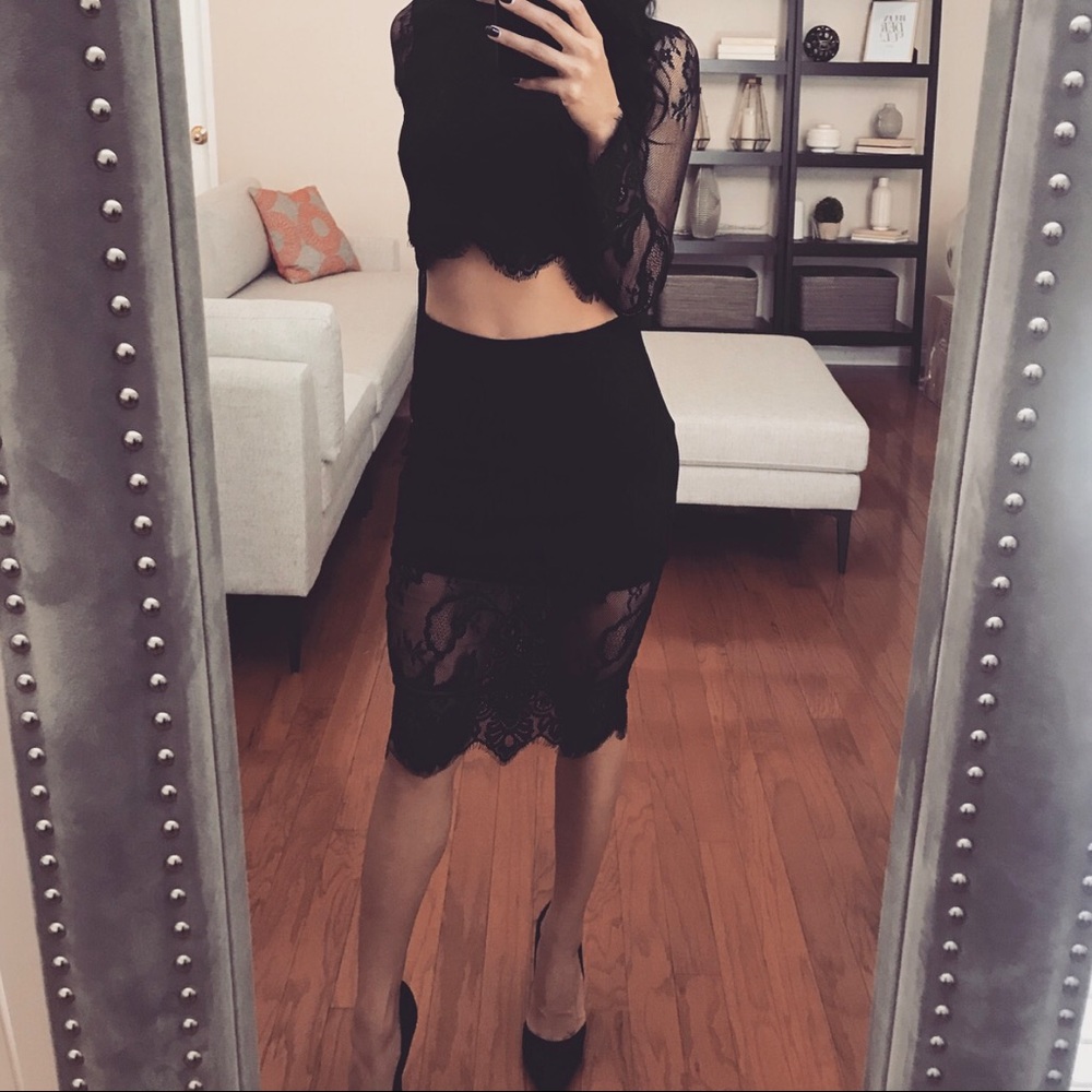 Black Lace 2 Piece Crop Top and Skirt