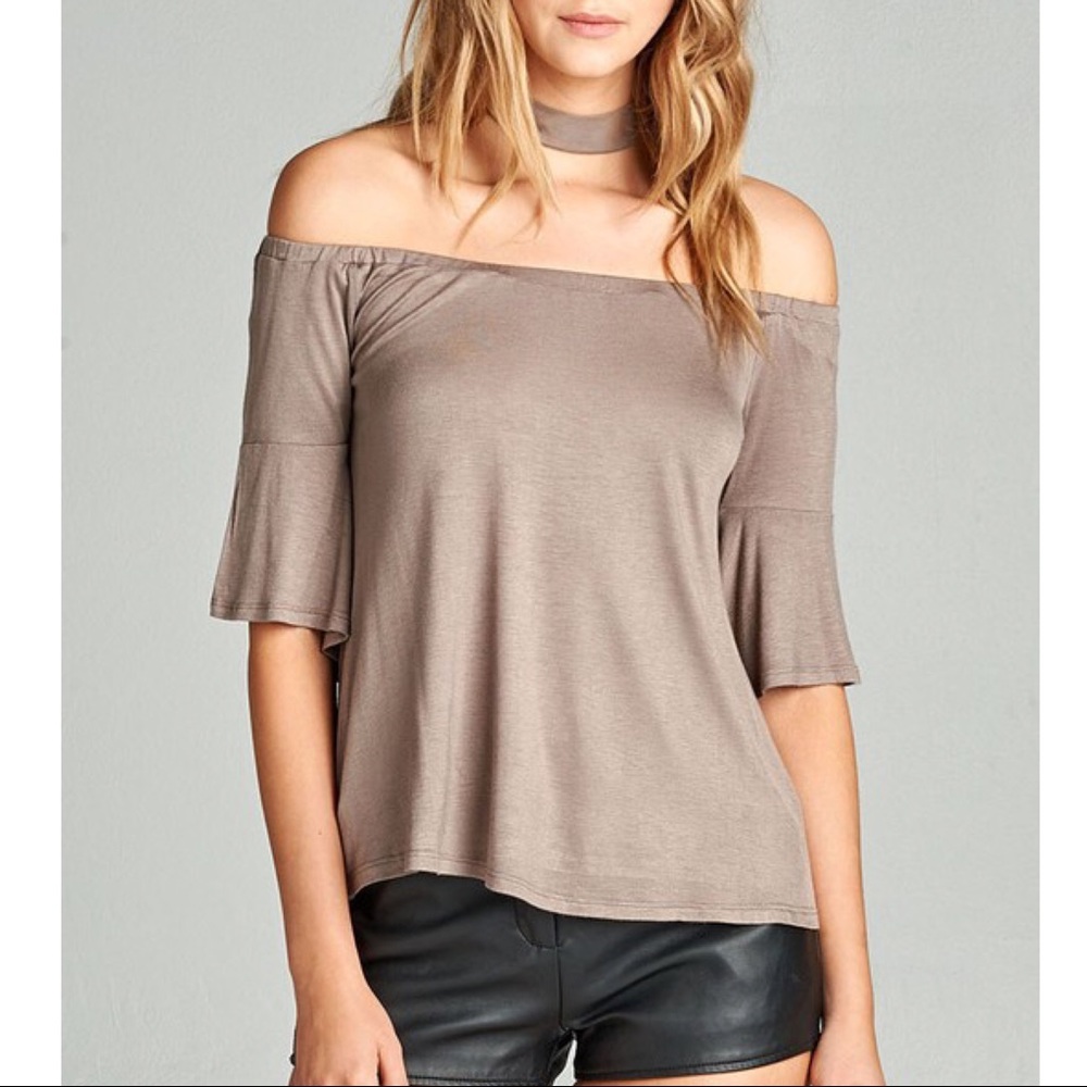 SYNDIE off shoulder choker top - TAUPE