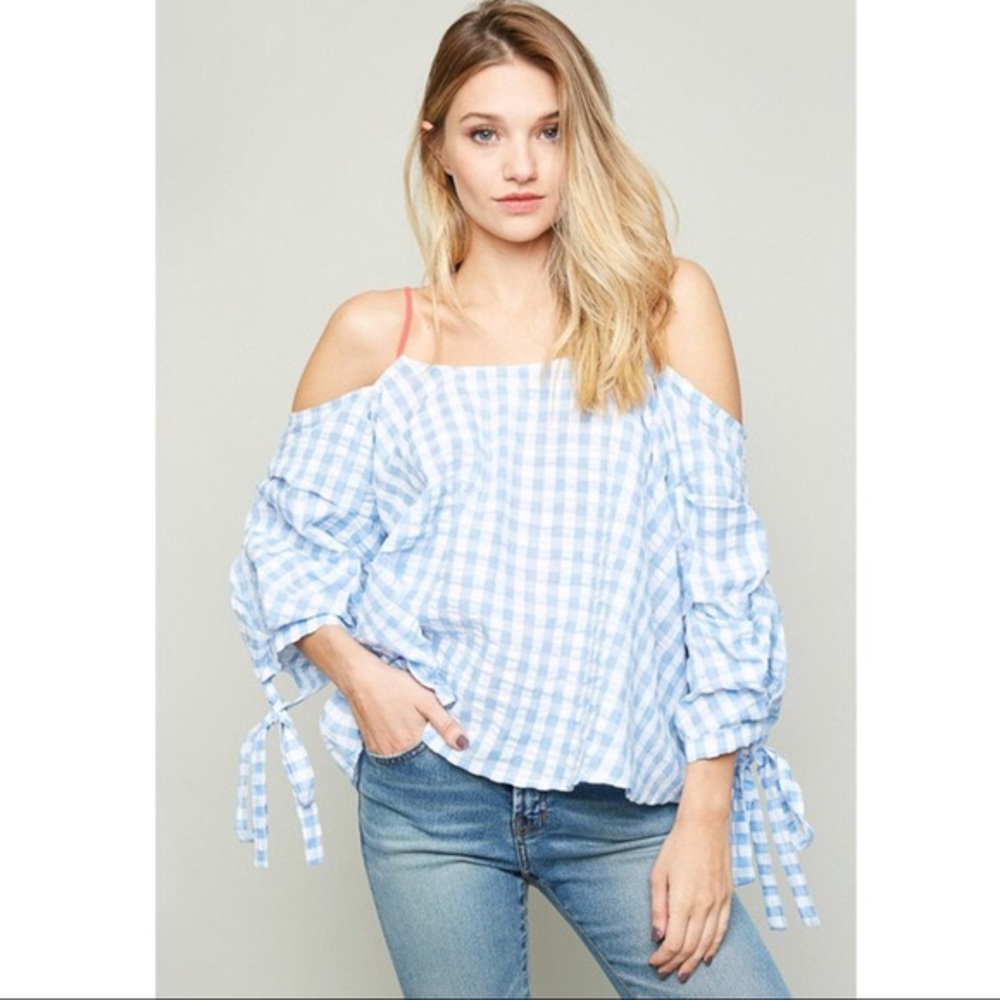 HAYDEN off shoulder checker top - SKY BLUE - Picture 2 of 3