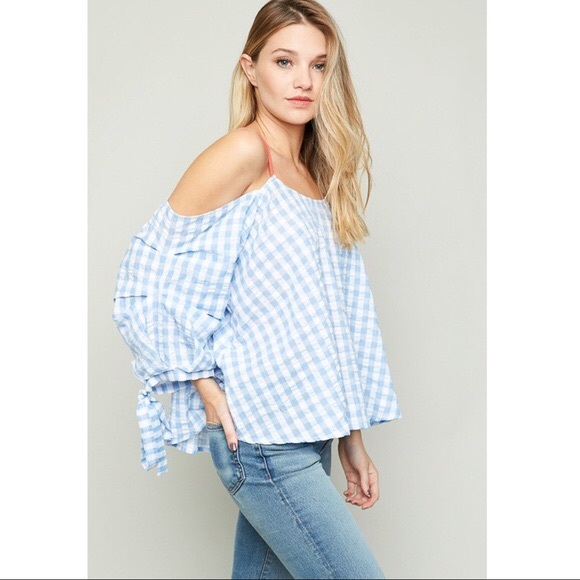 Bellanblue Tops - HAYDEN off shoulder checker top - SKY BLUE Bellanblue Tops - HAYDEN off shoulder checker top - SKY BLUE