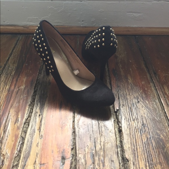 Black sued heels with gold studded backs. - Picture 1 of 3