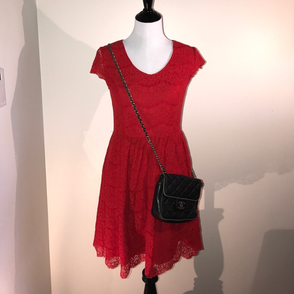 ensie Red Lace Exposed Zipper Back Fit Flare Dress