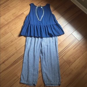 Linen Striped Cropped Pants - L