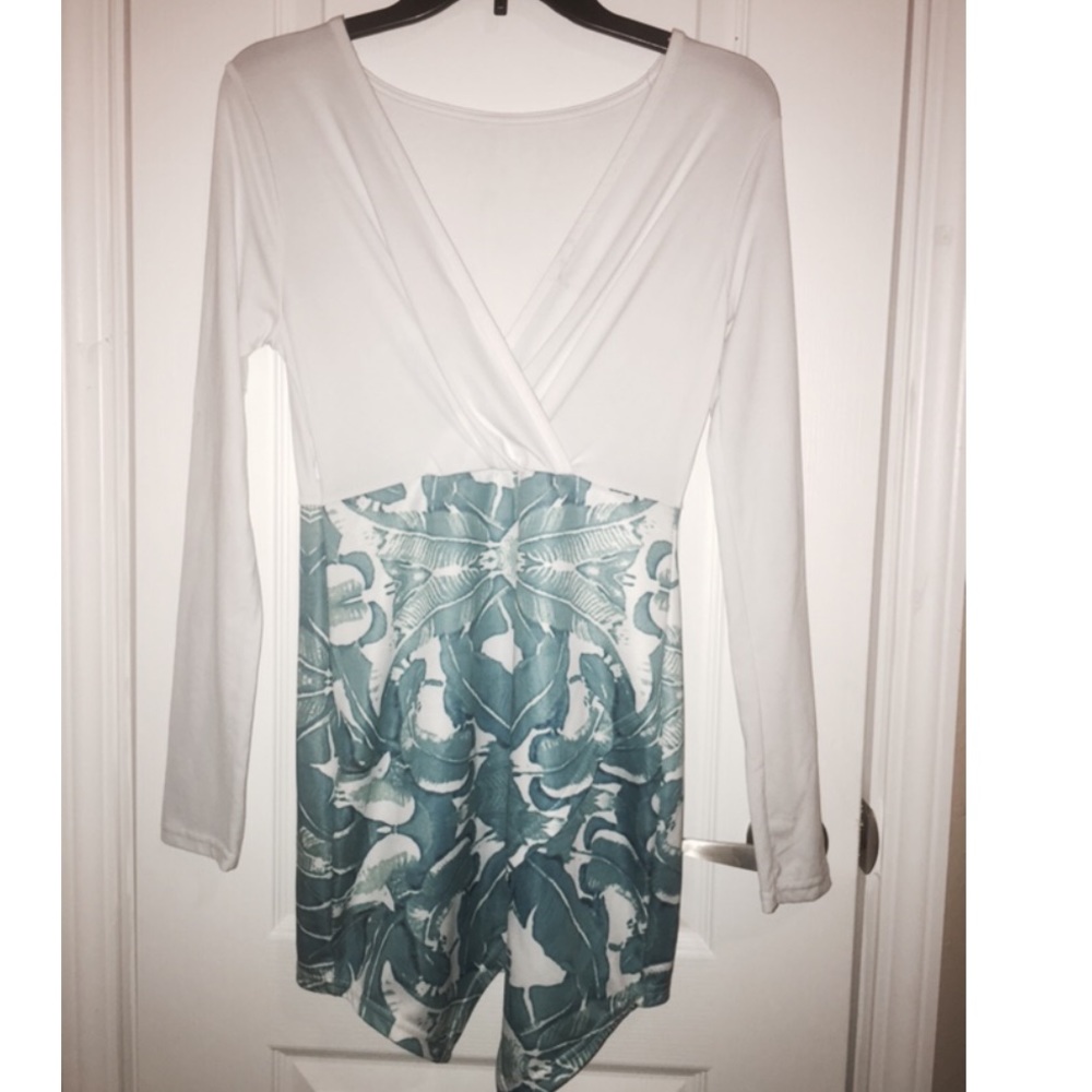 V plunge white dress w/ floral blue print